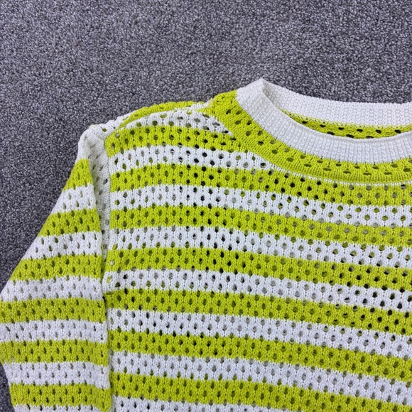 Tribal Crochet Sweater Women's Large Lime Green White Striped Open Knit - Picture 2 of 5
